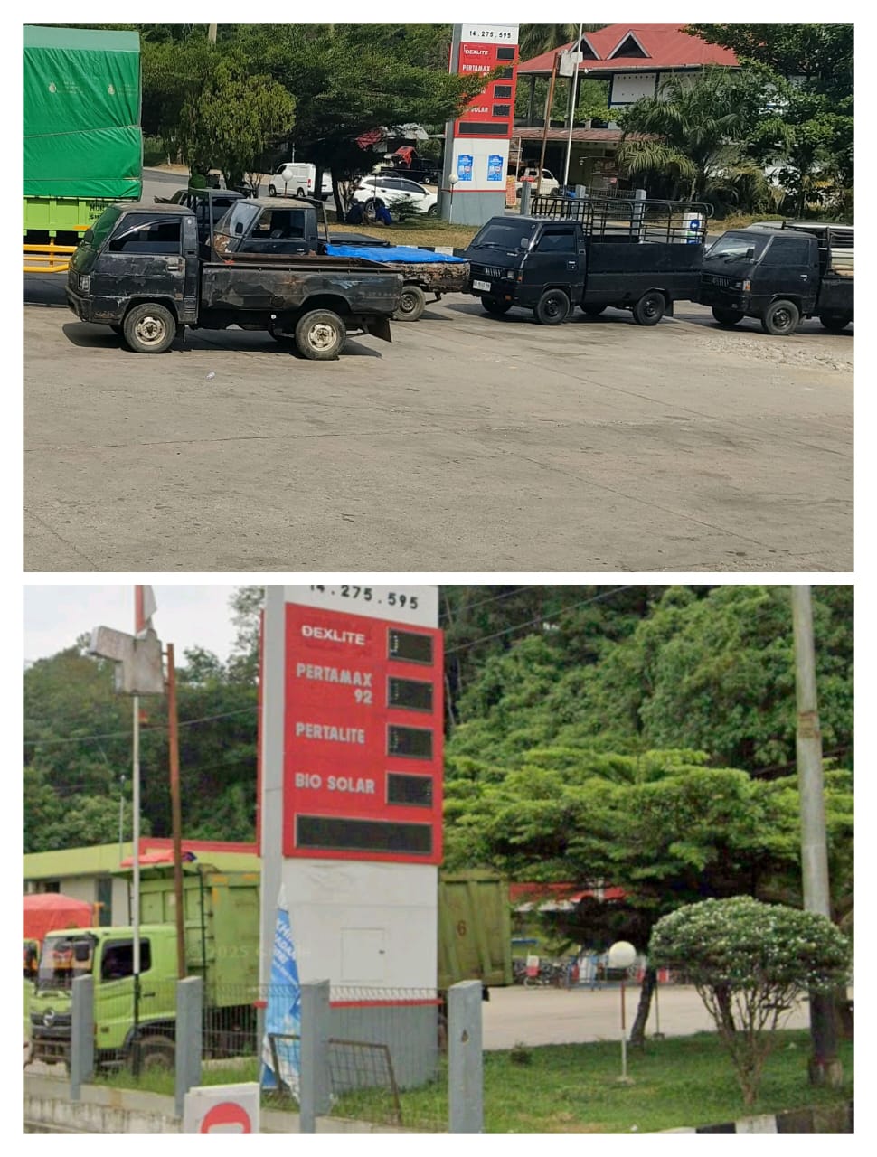 Foto : SPBU di Sijunjung serta Antrian panjang yang diduga Pelangsir BBM