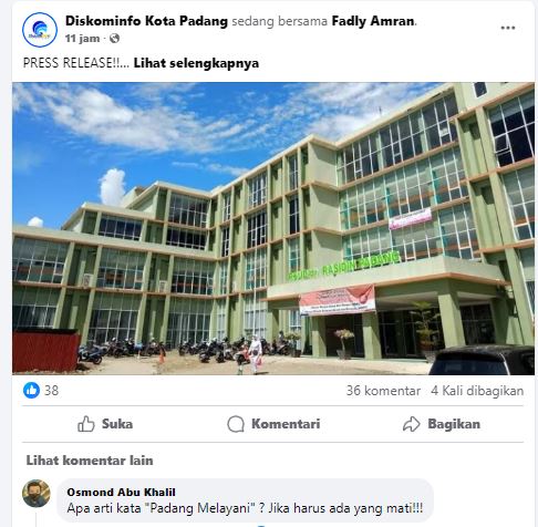 Foto : Press release keterangan RSUD di Akun Facebook Diskominfo Kota Padang