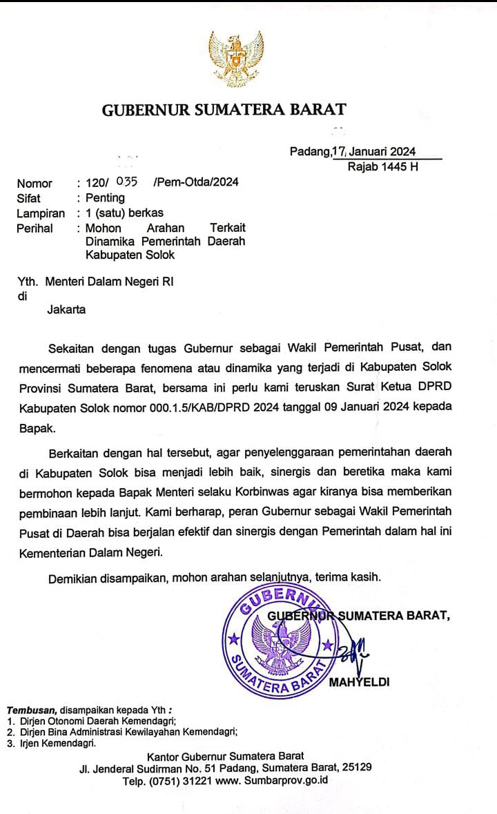 Foto : Surat Gubernur Sumbar ke Kementrian Dalam negri